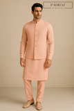 Peach Pink Kurta Pajama with Matching Waistcoat – Soft 3-Piece Formal Set for Men