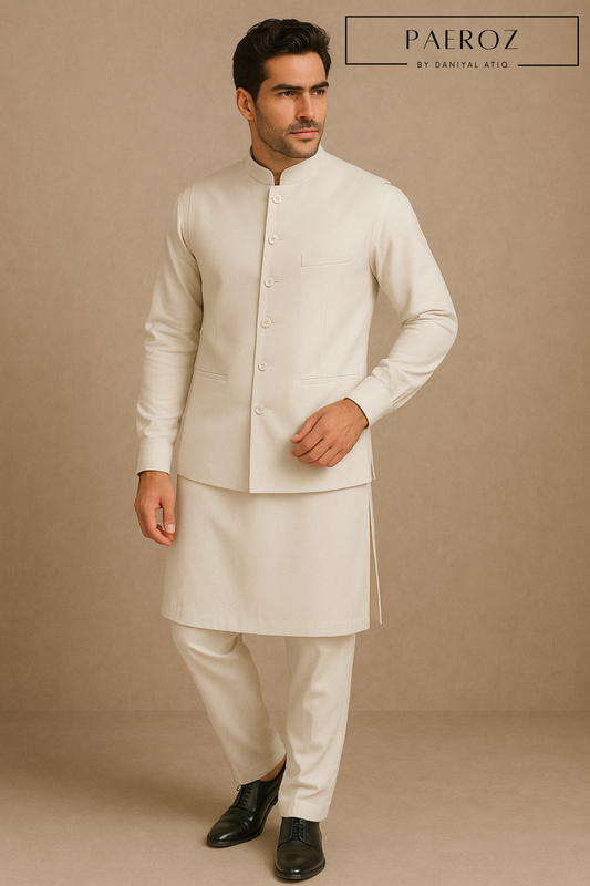 Off-White Kurta Pajama with Matching Waistcoat – Elegant 3-Piece Formal Set for Men
