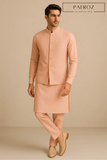 Peach Pink Kurta Pajama with Matching Waistcoat – Soft 3-Piece Formal Set for Men