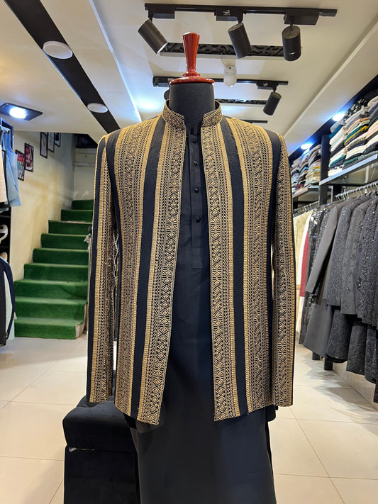 Black Front-Open Prince Coat with Mysuri Embroidery – Elegant Parallel Design