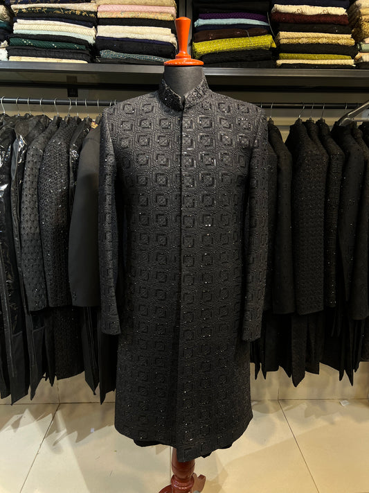 Majestic All-Front Hand-Embroidered Black Sherwani