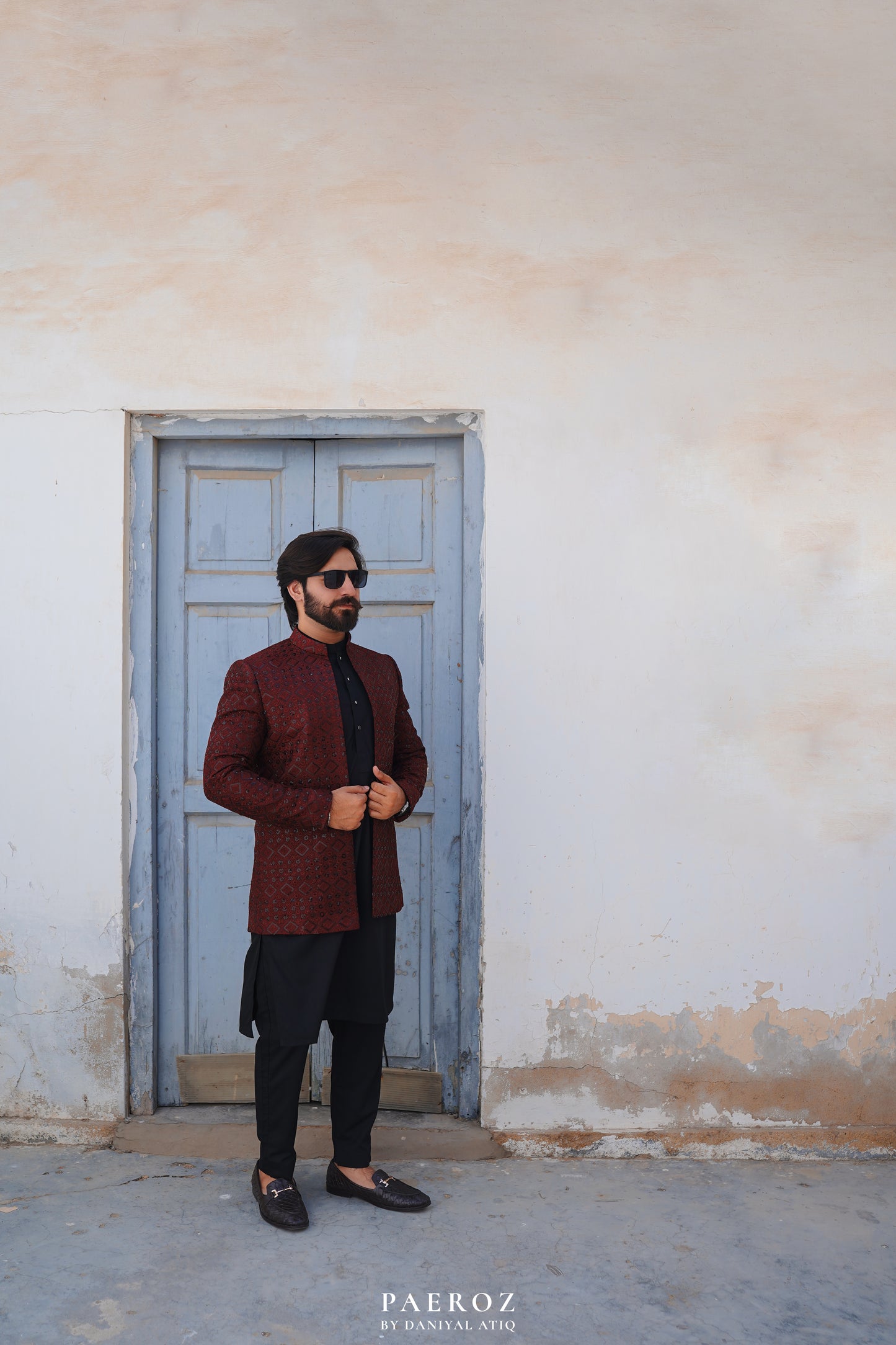 Reddish Mahroon Prince Coat in Embroidered Jamavar