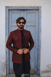 Reddish Mahroon Prince Coat in Embroidered Jamavar