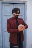 Reddish Mahroon Prince Coat in Embroidered Jamavar
