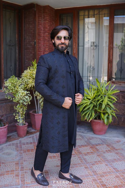 Black Front Open Sherwani