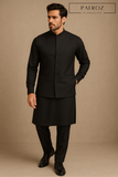 Jet Black Kurta Pajama with Matching Waistcoat – Premium 3-Piece Formal Set