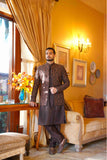 Premium Dark Brown Jacquard Prince Coat With Paisley Motifs