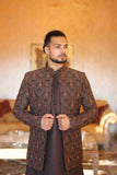 Premium Dark Brown Jacquard Prince Coat With Paisley Motifs