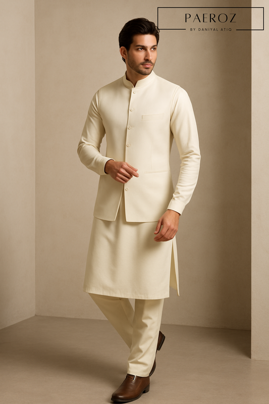 Classic Cream Kurta Pajama with Matching Waistcoat – Premium 3-Piece Formal Set for Men