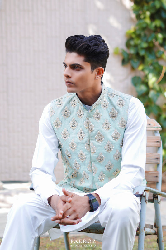 Mint GREEN Hand Embroidery WAISTCOAT( WEDDING SPECIAL )