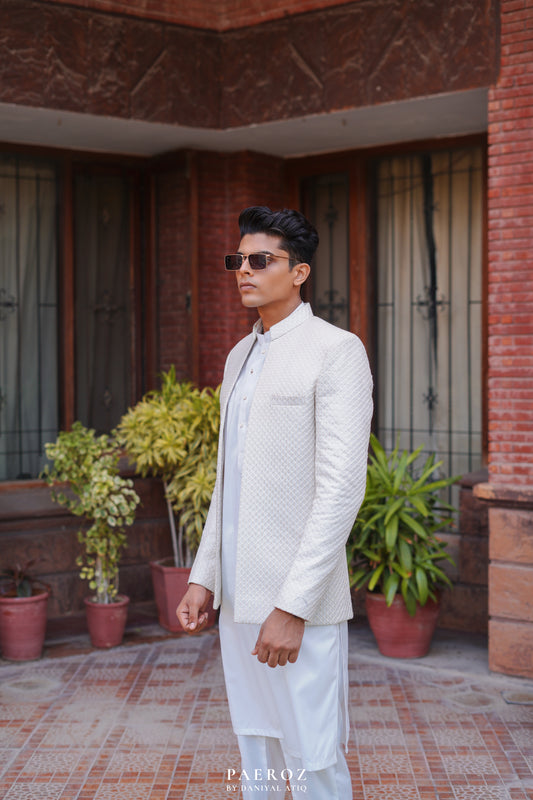 WHITE SITARA FRONT-OPEN DESIGNER PRINCE COAT