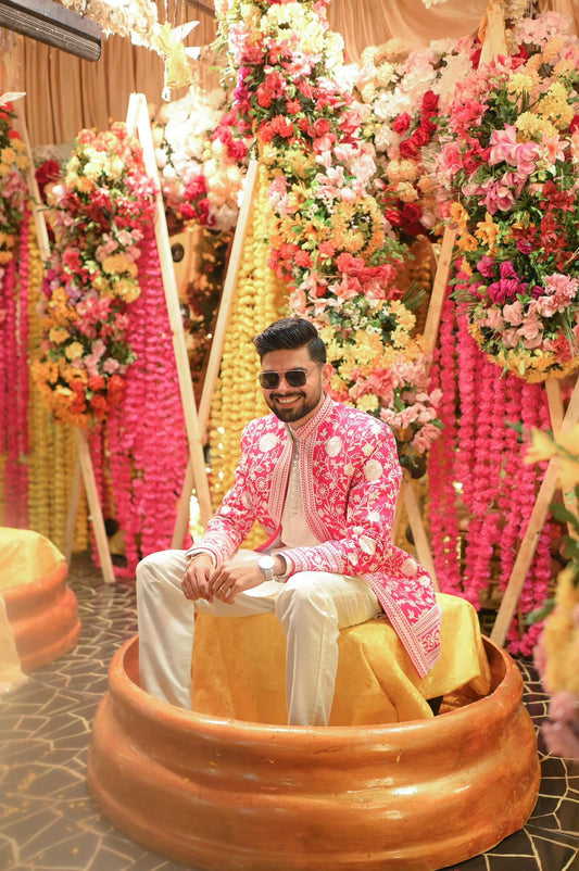 Royal Pink Embroidered Prince Coat Set – Wedding & Mehndi Wear