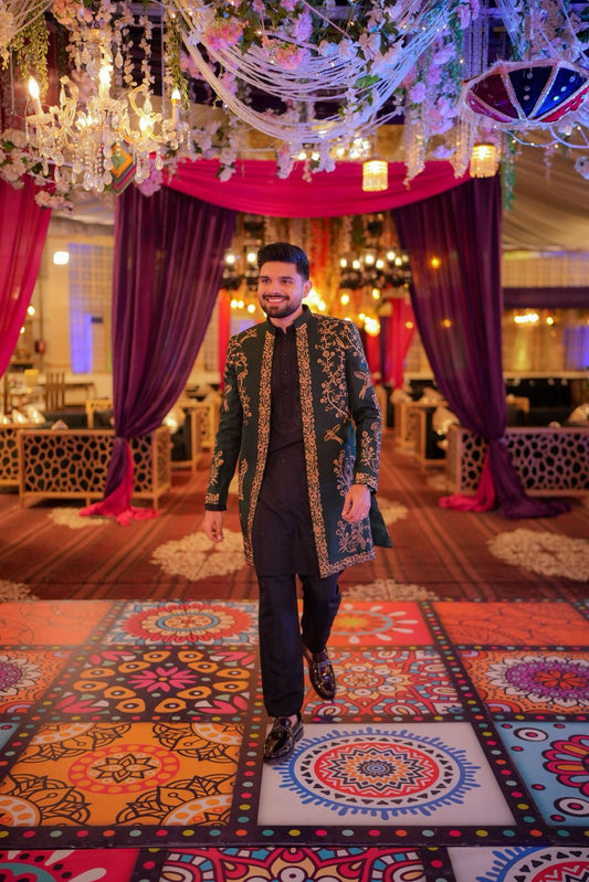 Bottle Green Front Open Long Coat with Thread & Cut Dana Embellishment