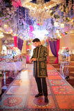 Bottle Green Front Open Long Coat with Thread & Cut Dana Embellishment