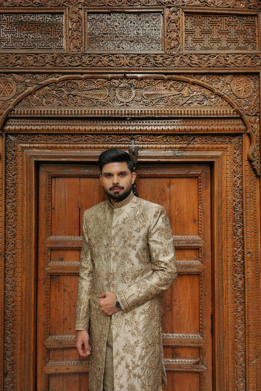 Golden Dark Hand-Work Sherwani – Royal Wedding Package