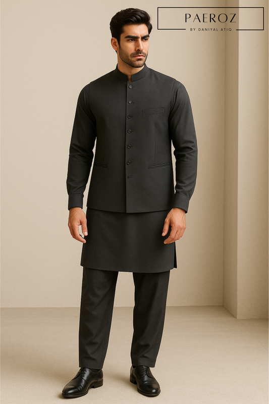 Charcoal Grey Kurta Pajama with Matching Waistcoat – 3-Piece Premium Formal Set for Men