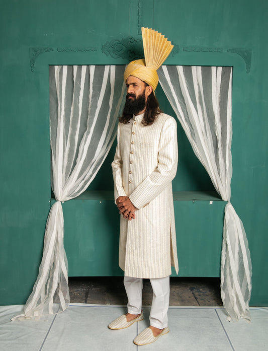 Luxurious Off-White Sherwani with Intricate Embroidery and Sequin Work