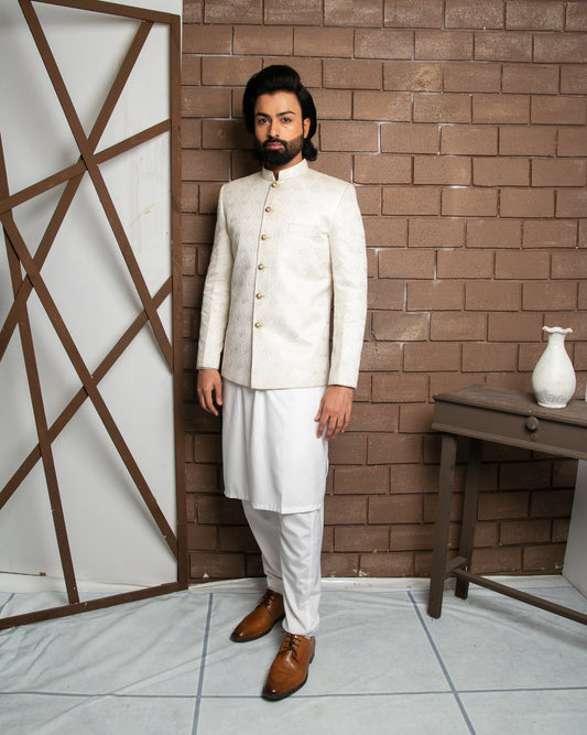 Elegant White Prince Coat with Intricate Embroidery