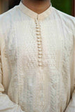 IVORY EMBROIDERED SHERWANI STYLE KURTA WITH POTLI BUTTONS