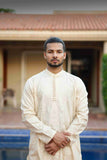 IVORY EMBROIDERED SHERWANI STYLE KURTA WITH POTLI BUTTONS