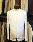 Off-White Jacquard Coat with Hand Work – Soft Bukram & Lightweight Shaadi and Party Wear