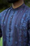 Deep Navy Blue Floral Embroidered Kurta With Ban Collar
