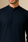 Navy Blue Kurta Pajama with Ban Collar & Cuff Sleeves – With Pants Style Pajama