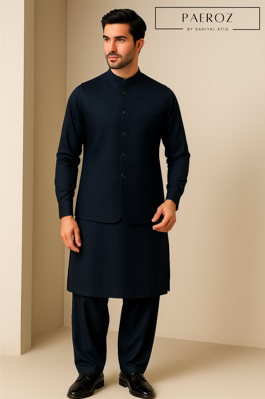 “Navy Blue Waistcoat on Matching Kurta Pajama – Classic Eastern Formalwear”