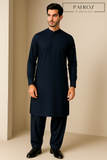 Navy Blue Kurta Pajama with Ban Collar & Cuff Sleeves – With Pants Style Pajama