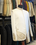 Off-White Jacquard Coat with Hand Work – Soft Bukram & Lightweight Shaadi and Party Wear