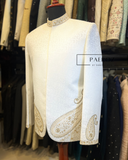 Off-White Jacquard Coat with Hand Work – Soft Bukram & Lightweight Shaadi and Party Wear