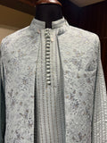 Ice Blue Sequin Stripe Kurta with Floral Embroidered Waistcoat