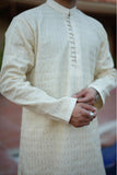 Elegant Off-White Striped Embroidered Kurta With Potli Buttons