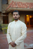 Elegant Off-White Striped Embroidered Kurta With Potli Buttons