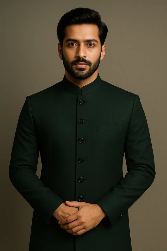 Bottle Green Sherwani with Black Buttons – Bold Elegance Edition