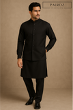 Jet Black Kurta Pajama with Matching Waistcoat – Premium 3-Piece Formal Set