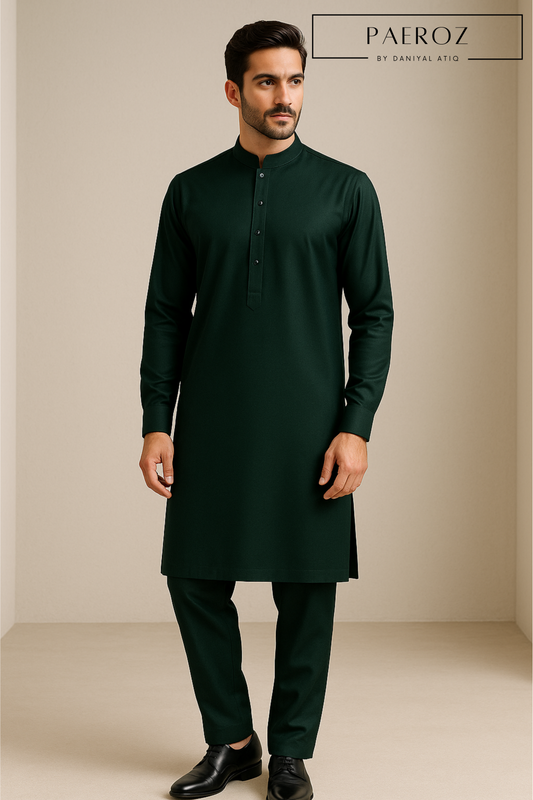 Bottle Green Kurta Pajama with Ban Collar & Cuff Sleeves – Custom Fit Available