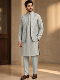 Ice Blue Sequin Stripe Kurta with Floral Embroidered Waistcoat