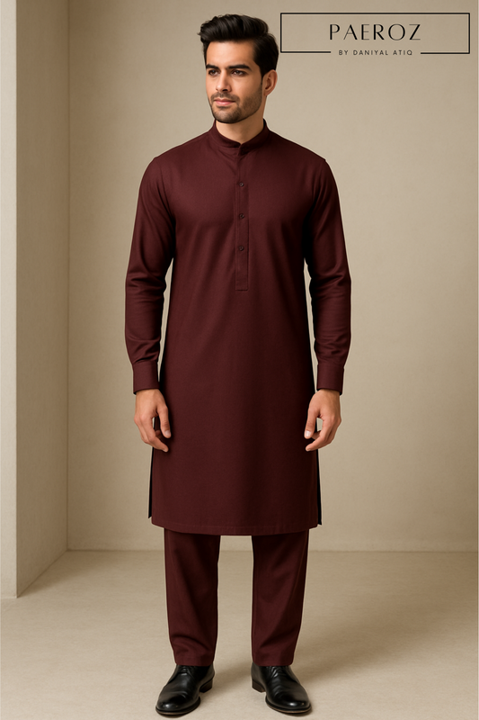 Tailored Burgundy Kurta Pajama Set with Cuff Sleeves & Ban Collar – Custom Fit Available