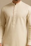 Classic Cream Kurta Pajama with Ban Collar & Cuff Sleeves – With Pant Style Trousers