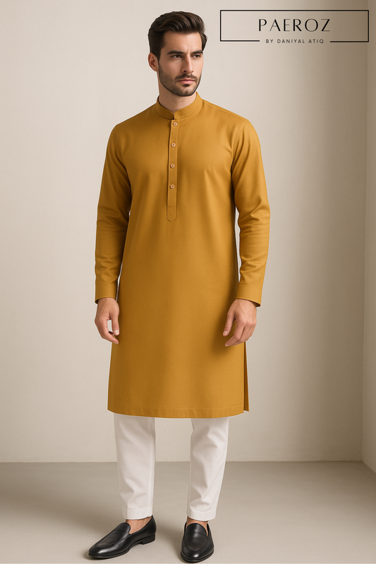 Mustard Ban Collar Kurta with Off-White Pajama Set