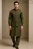 Olive Green Kurta Pajama with Matching Waistcoat – Premium 3-Piece Ethnic Formal Set for Men