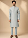 Ice Blue Sequin Stripe Kurta with Floral Embroidered Waistcoat