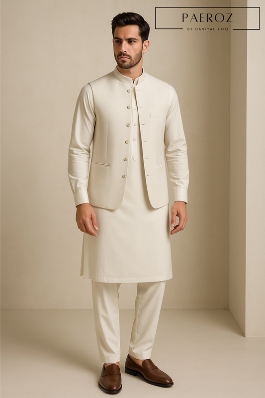 Off-White Kurta Pajama with Matching Waistcoat – Elegant 3-Piece Formal Set for Men