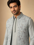 Ice Blue Sequin Stripe Kurta with Floral Embroidered Waistcoat
