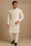 Off-White Kurta Pajama with Matching Waistcoat – Elegant 3-Piece Formal Set for Men