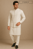 Off-White Kurta Pajama with Matching Waistcoat – Elegant 3-Piece Formal Set for Men