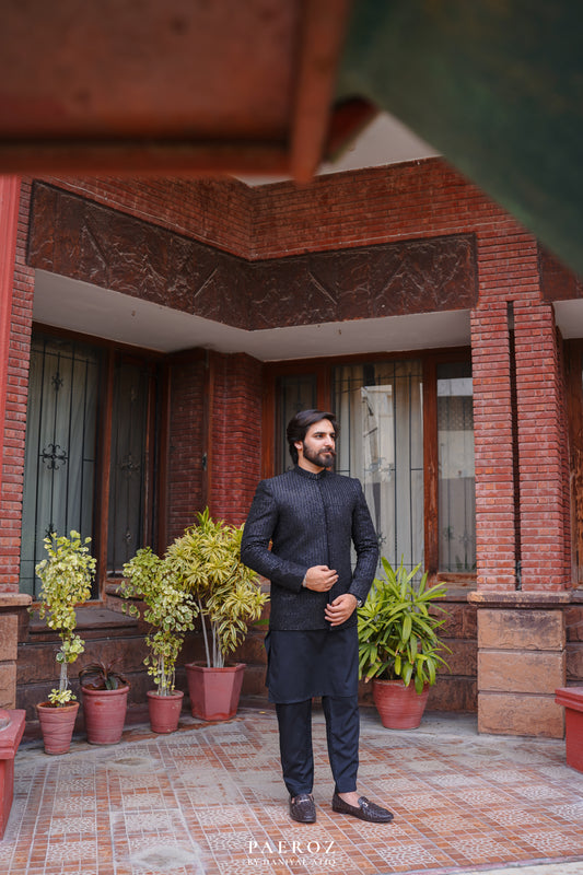Black Prince Coat in embroidery Fabric