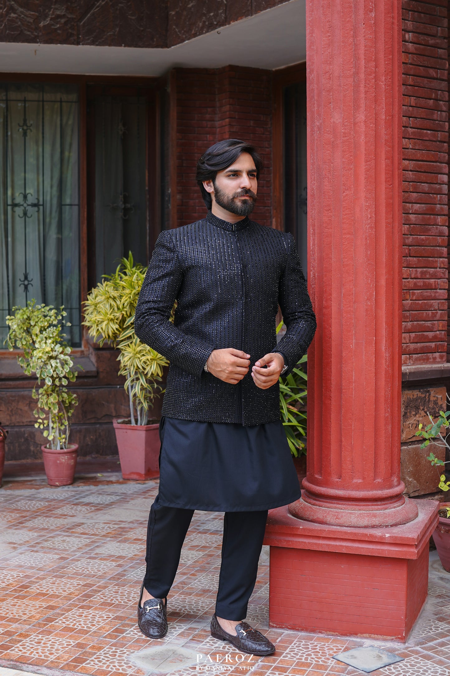 Black Prince Coat in embroidery Fabric
