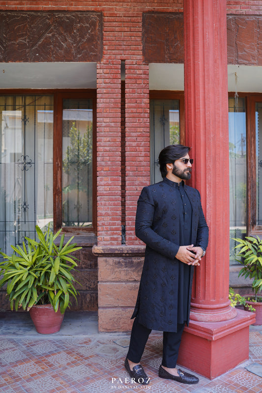 Black Front Open Sherwani